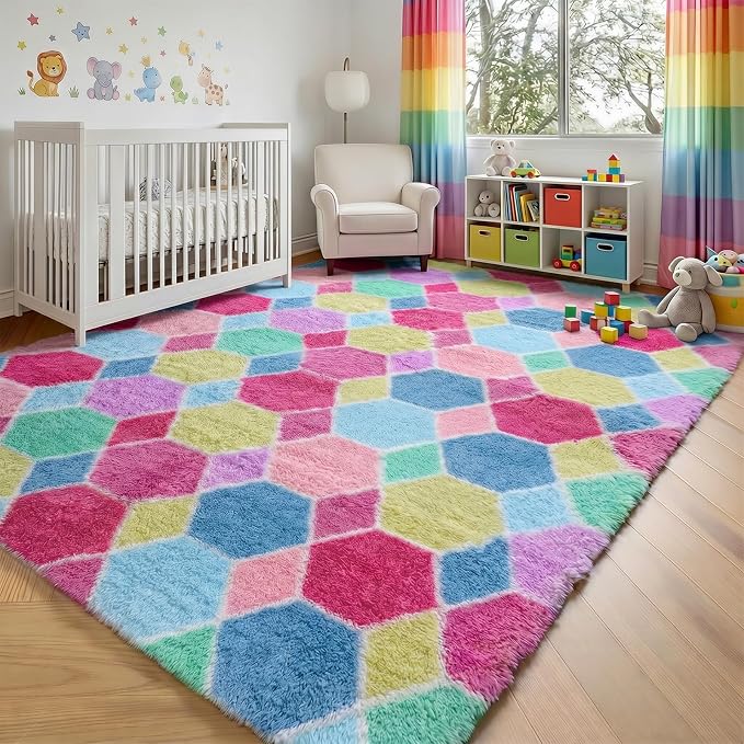 Checkered 8x10 Area Rugs for Living Room, Large Fluffy Pink Rainbow Colorful - Image 7