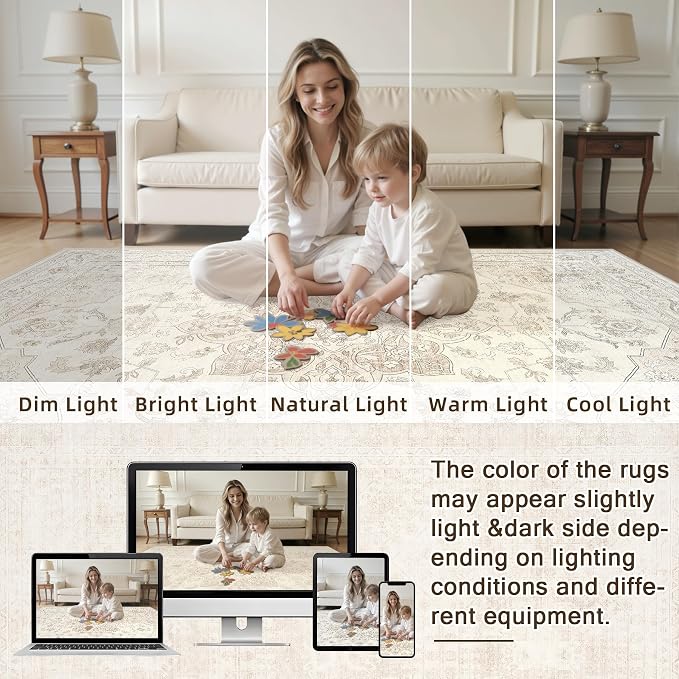 5x7 Area Rugs Living Room: Bedroom Washable Carpet Beige White | Vintage Boho - Image 5