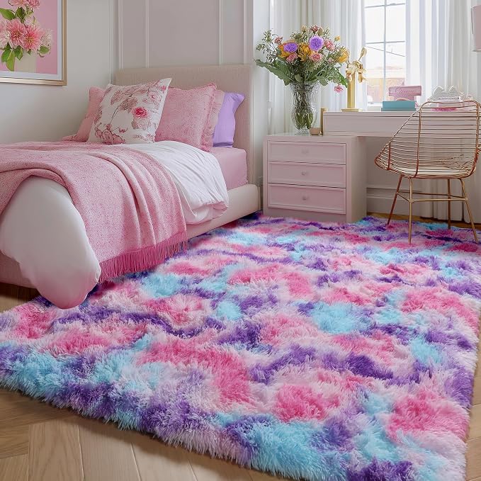 Rainbow Purple Rugs for Girls Bedoom 5x7 Ft, Fluffy Cute Colorful Pastel by PAGISOFE