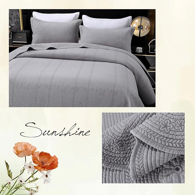 ROOMLIFE Quilt Set King Size 3D Floral Embroidery Pattern 3-Piece Cotton - Image 6