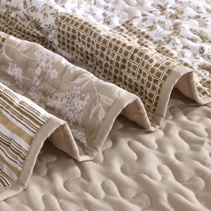 Mybedsoul Beige Boho Quilt Set Full Size, 3 Pieces Plaid Floral Bedspread Set - Image 7