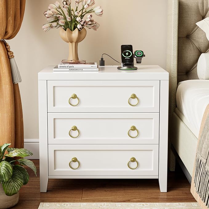 Huuger Paint Night Stand with Charger Station, 3 Drawer Nightstand Set of 2 | - Image 3
