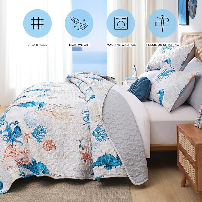 weigelia Coastal Quilt King Size, Seahorse Lightweight Summer Bedding | - Image 4