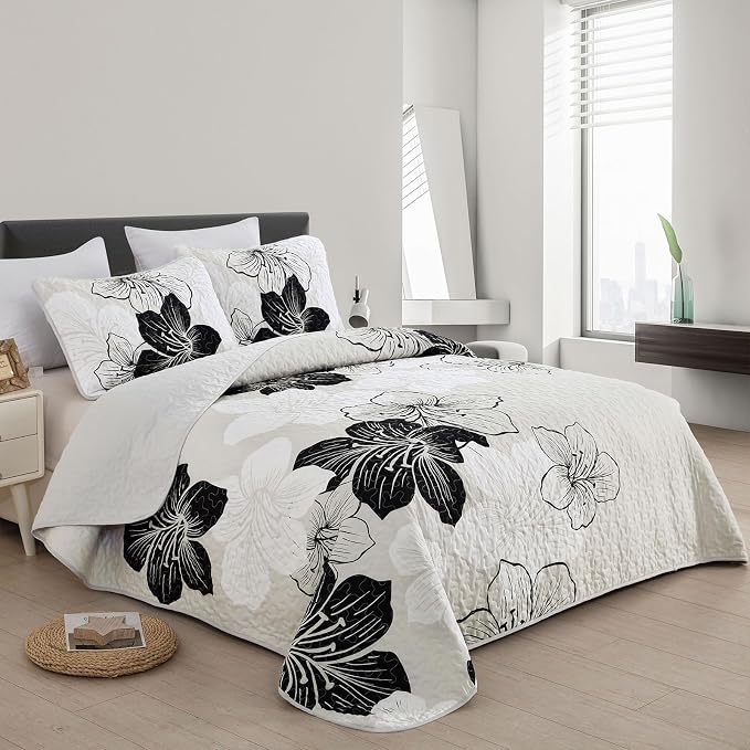 DJY Black White Quilt Queen Size, Boho Floral Bedding Bedspread Set 3 Pcs | - Image 2
