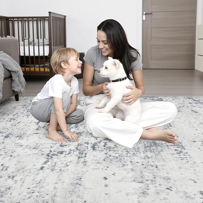 5x8 Area Rug Living Room: Modern Washable Soft Carpet Blue Grey | - Image 8