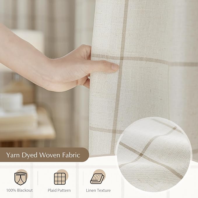 DriftAway 100% Blackout Windowpane Plaid Linen Curtains 54 Inches Taupe | - Image 5