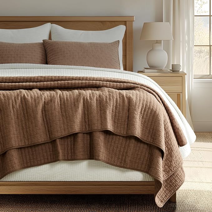 100% Cotton Cross Stitch 3-Piece Quilt Set, Camel Brown | 100% Cotton, Elegant by EVERGRACEHOME