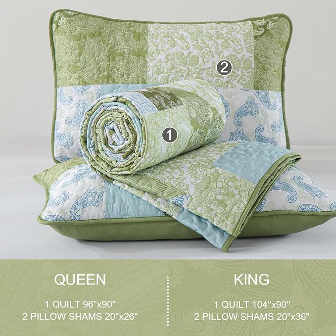 Mybedsoul Patchwork Quilts Queen Size, Soft Sage Green Paisley Floral Queen - Image 7