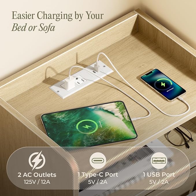 Huuger Nightstand with Charging Station, USB-C Port, End Table | Fluted Night - Image 3