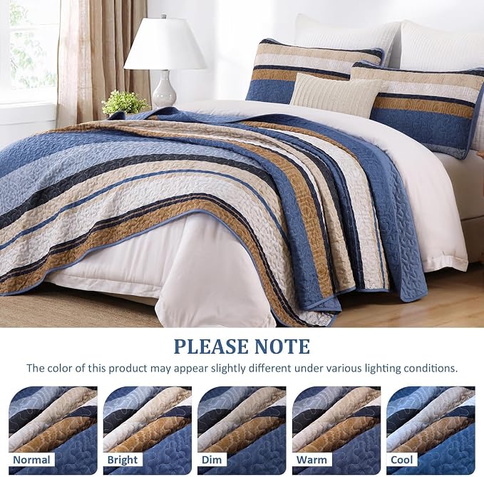 Dobuyly King Size Striped Quilt, Boho Blue Lightweight Bedspread Bedding Set | - Image 6