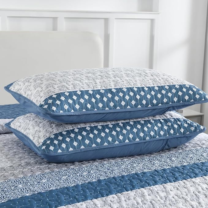 WONGS BEDDING Blue Full Size Quilt Set, Bohemian Striped Bedspreads | - Image 6