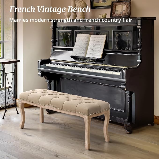 Bedroom Bench, French Vintage Tufted Entryway Bench, 45.2" Carving Upholstered - Image 7