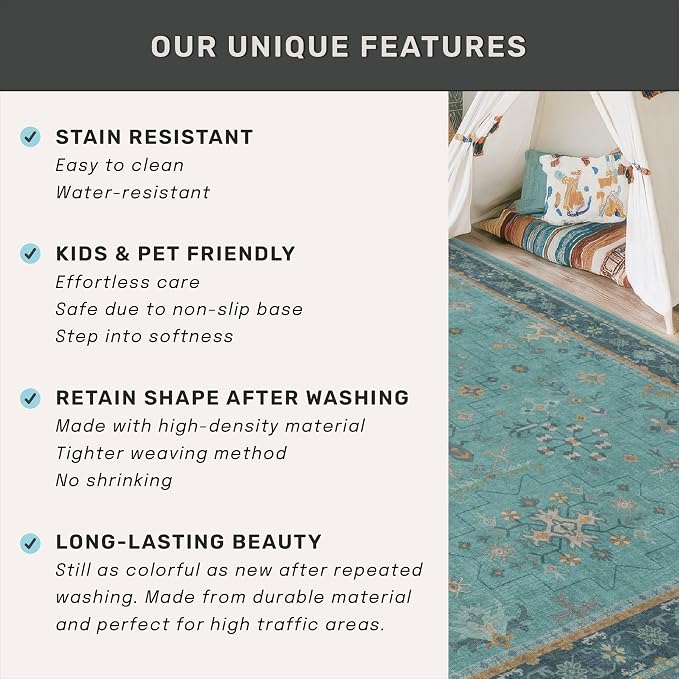 Washable 10x14 Teal Boho Living Room Rug - Image 5