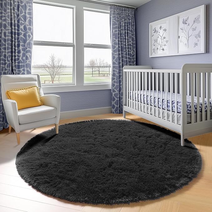 Black Round Rugs 8ft for Living Room, Fluffy Bedroom Circle Area Rug, Soft - Image 8