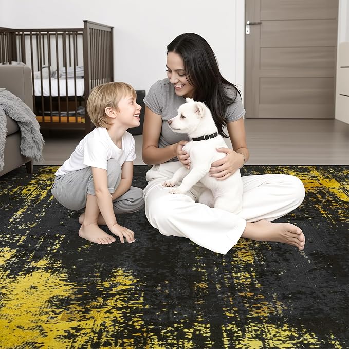 8x10 Area Rug Living Room: Modern Washable Soft Carpet Black Gold | - Image 9