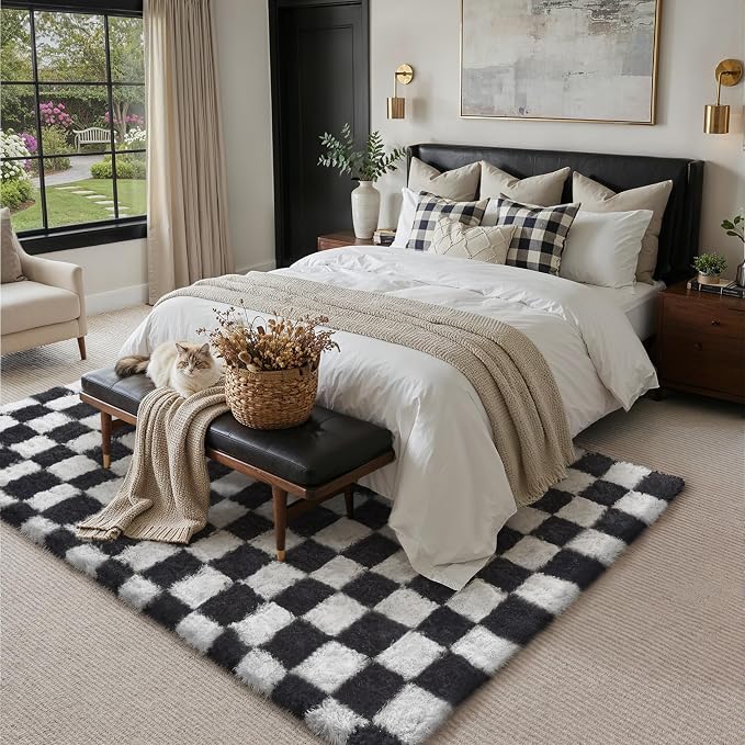 Checkered Rug 5x8 for Living Room Black and White Soft Shag Rugs | Machine - Image 4