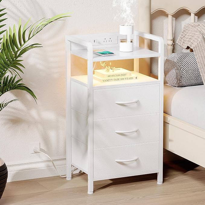 Lazzanto Nightstand with Rear Charging Station, LED Light, 3 Drawers, 2 USB-A - Image 2