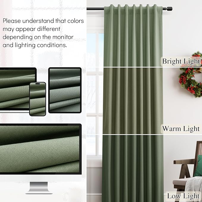 Olive Green Linen 100% Blackout Curtains - Image 8