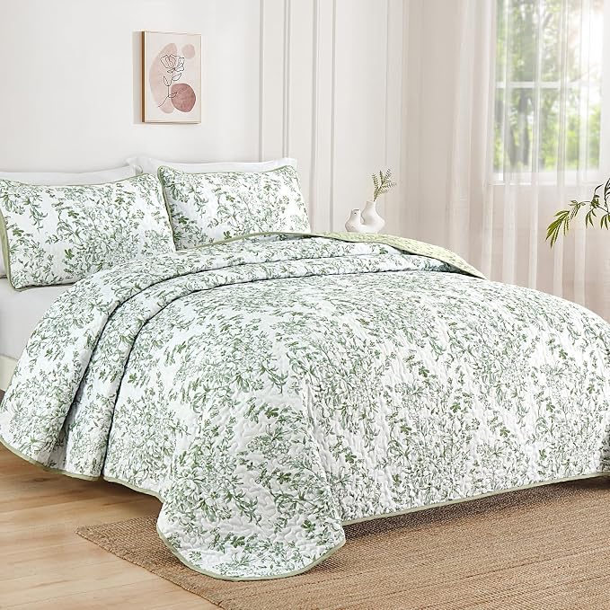 WONGS BEDDING Full Quilt Bedding Set, Sage Green Botanical Bedspread | Floral - Image 2