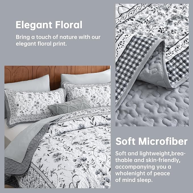 WONGS BEDDING Floral Quilts Set Queen, Microfiber Lightweight Farmhouse Bed - Image 4