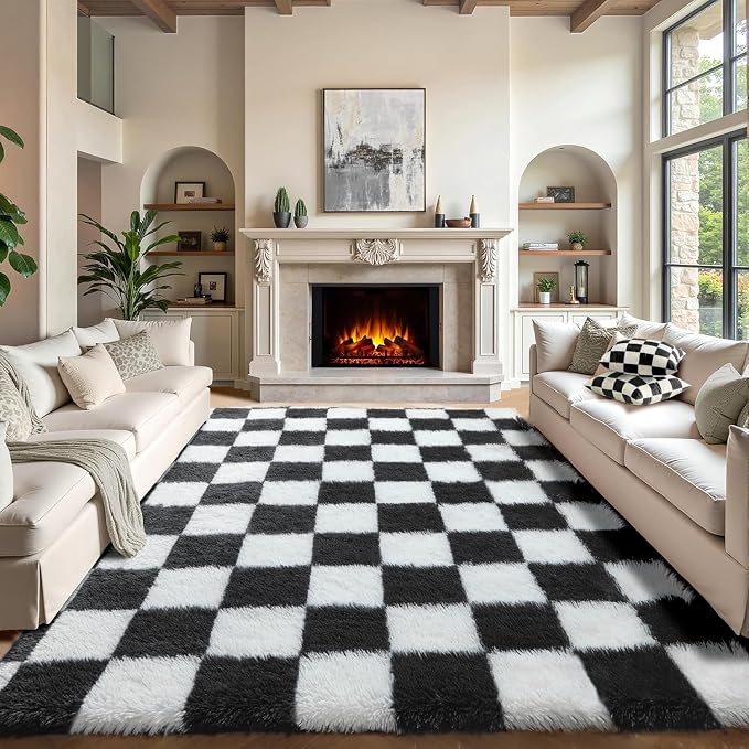 KICMOR 6x9 Area Rugs for Living Room Bedroom, Large Black and White Checkered by KICMOR