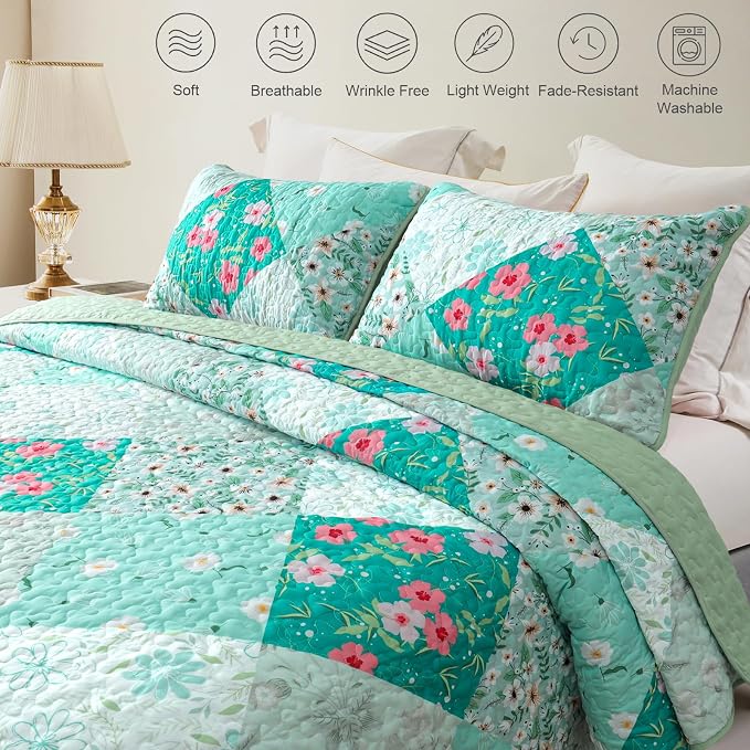 Whale Flotilla California King Size Quilt Set, Extra Soft Floral Bedspreads | - Image 3