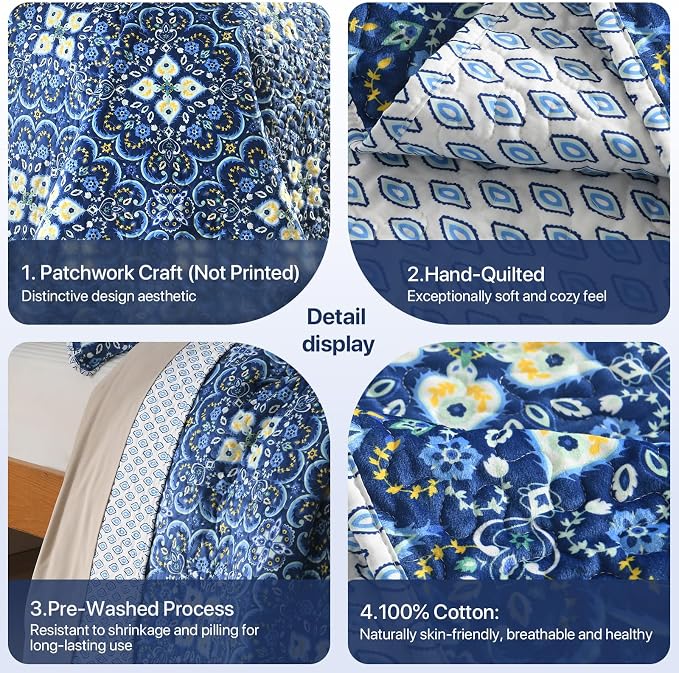 Reversible Quilt Set King Size, Boho Floral Patchwork Bedspread Coverlet Set - Image 3