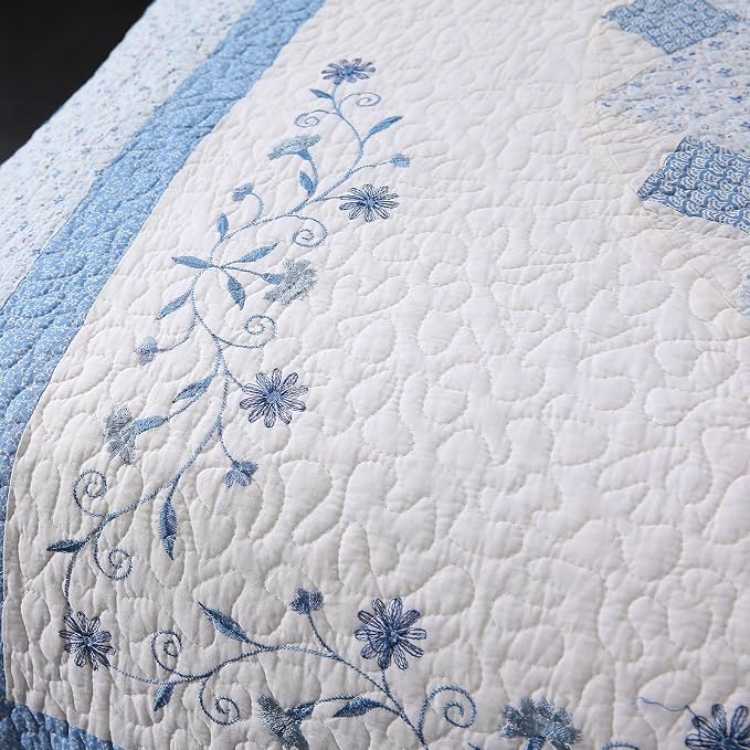 ROOMLIFE Quilt Set Queen Size 3D Floral Embroidery Pattern 3-Piece Cotton | - Image 9