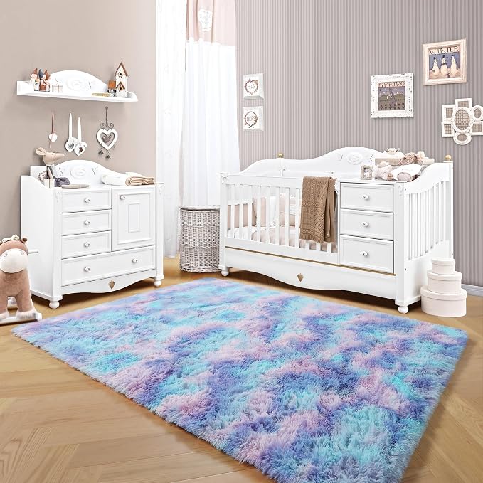 Rainbow Rugs for Girls Bedroom, 5x8 Fluffy Bedside Throw Area Rug, Soft Plush - Image 5