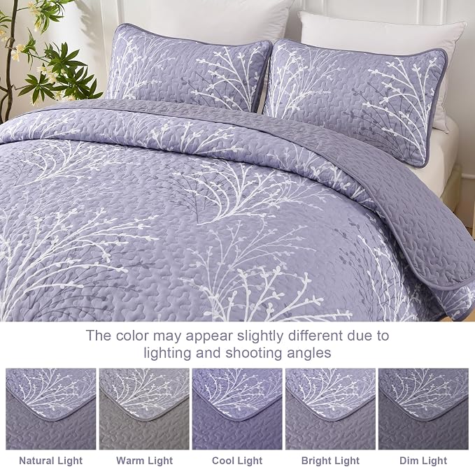 DJY Purple Quilt Set King Size Branch Botanical Bedspread Coverlet Set | 3 - Image 8
