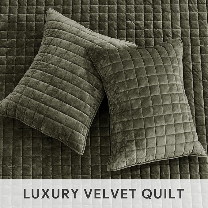 RECYCO Channel Box Stitch Velvet Quilt Set, Twin/Twin XL Size, Olive Green | - Image 4