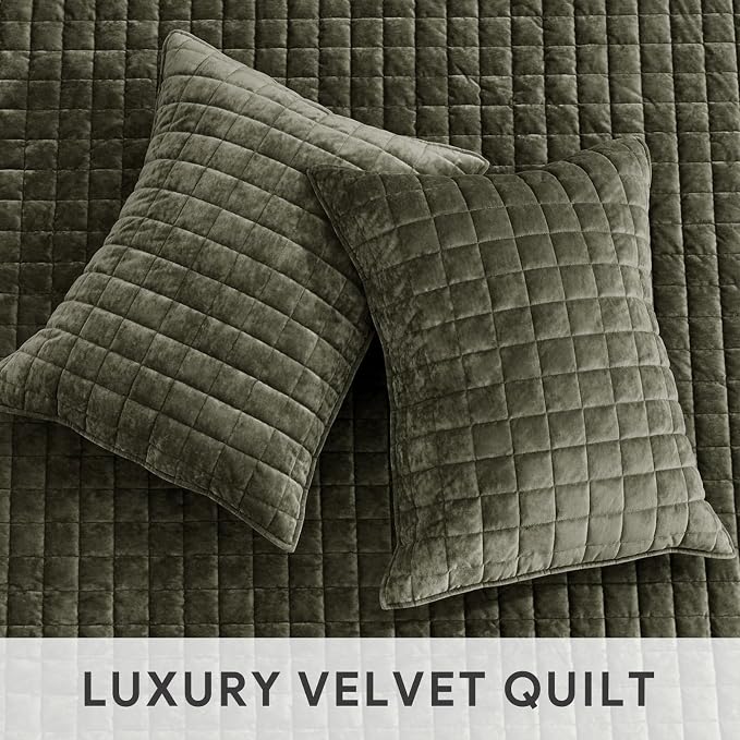 RECYCO Channel Box Stitch Velvet Quilt Set, King Size, Olive Green | Ultra Soft - Image 4