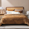 RECYCO Channel Box Stitch Velvet Quilt Set, Full Queen Size, Caramel Gold | by RECYCOHOMECOLLECTION
