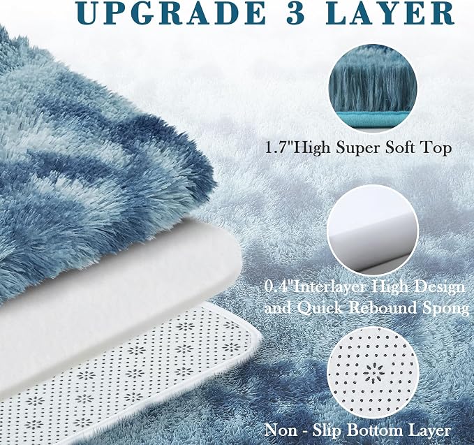 4x6 Area Rugs for Bedroom, Dark Blue Tie-Dyed Soft Fluffy Shag Bedside Rugs | - Image 4