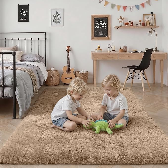 Area Rug Living Room Bedroom: 5x7 Fluffy Plush Shag Carpet Beige | - Image 7