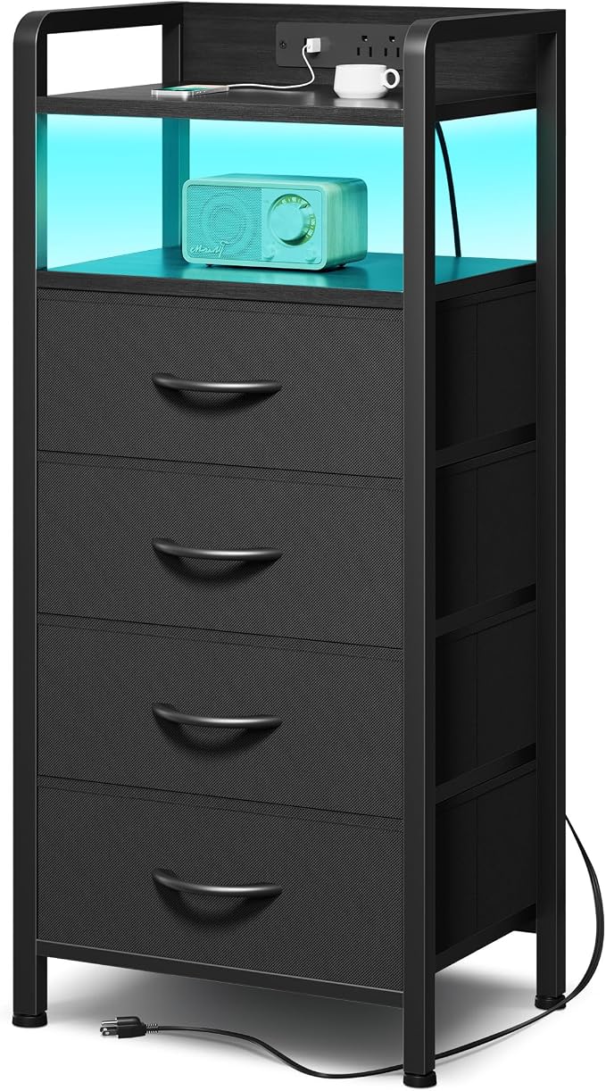 Lazzanto Nightstand with Rear Charging Station, LED Light, 4 Drawers, 2 USB-A by Lazzanto