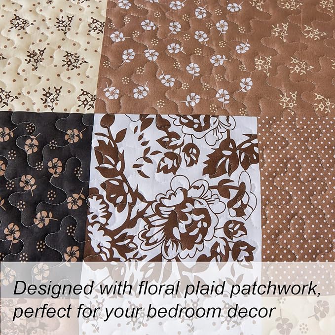 Mybedsoul Patchwork Quilt Set Queen Size, 3 Pieces Brown Floral Plaid Patchwork - Image 4
