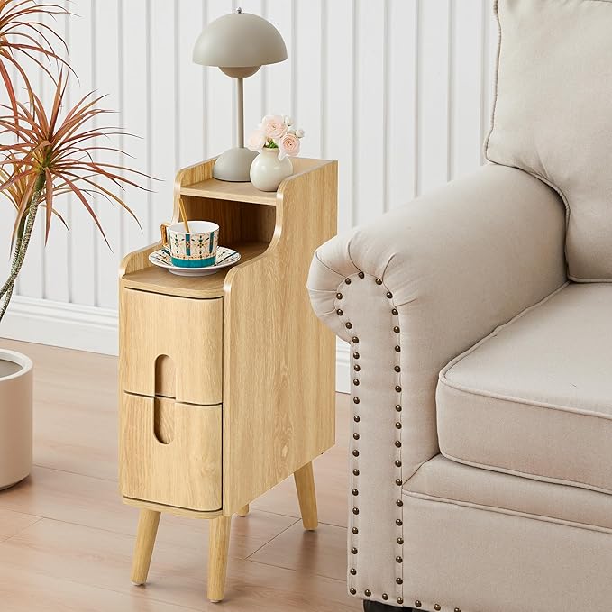 Small Nightstand Set of 2, Wood 2 Drawer Narrow Nightstand, Slim Side Table - Image 4