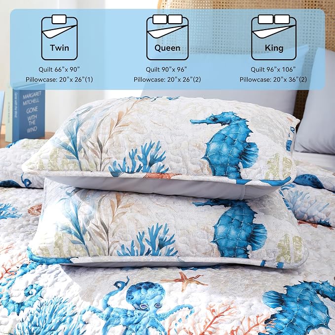 weigelia Coastal Quilt King Size, Seahorse Lightweight Summer Bedding | - Image 6