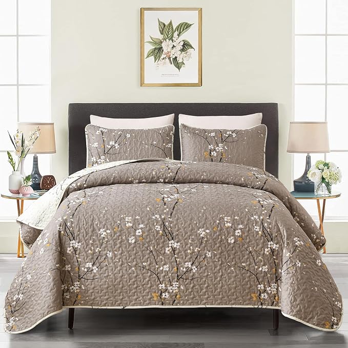 DJY Quilt Set Queen Size, Branch Botanical Bedspread Coverlet, Tan &Cream | - Image 8
