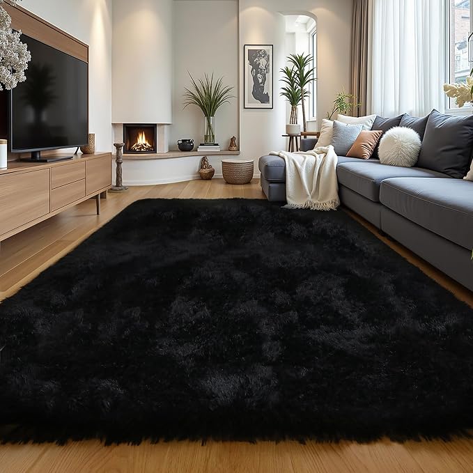 Black Fluffy 8x10 Large Area Rug, Soft Washable Shag Carpet | Cute plush fuzzy by KICHOWUA