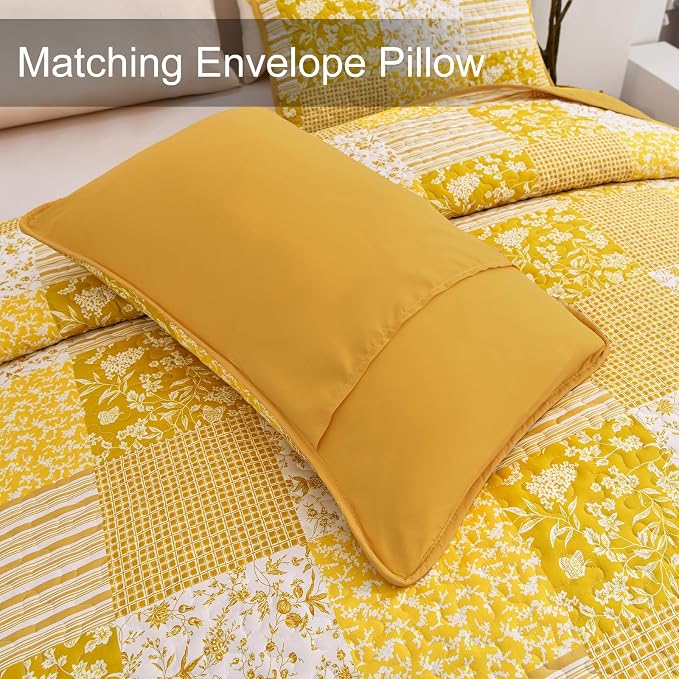 Mybedsoul Yellow Boho Quilt Set Twin Size Dorm Bedding, 2 Pieces Plaid Floral - Image 6