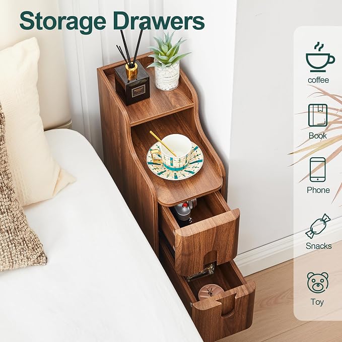 Narrow End Table Living Room, Wooden Small 2 Drawer Nightstand Bedroom - Image 6