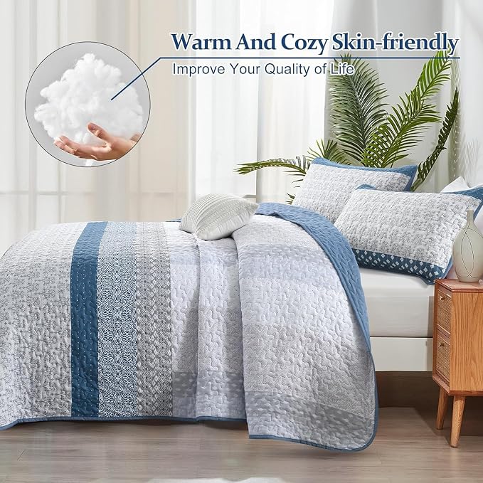 WONGS BEDDING Blue Full Size Quilt Set, Bohemian Striped Bedspreads | - Image 4