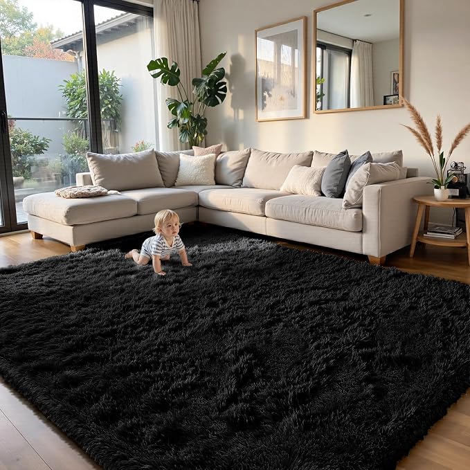 Black 10x14 Area Rugs for Living Room, Fluffy Shag Rug Large Bedroom Carpet | - Image 3