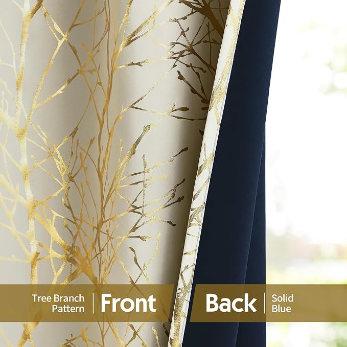 FMFUNCTEX 100% Blackout Ivory Gold Foil Tree Curtains 63 Inch Long 2 Panels | - Image 6