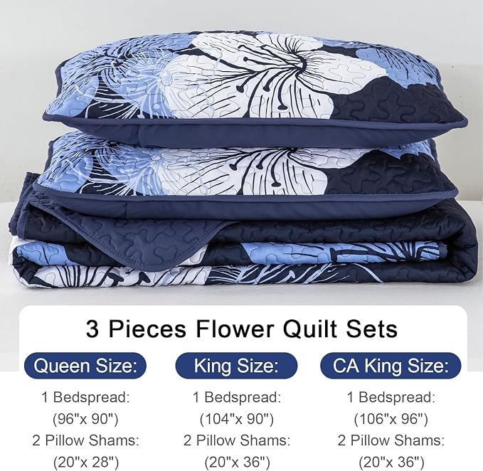 DJY 3 Pieces Quilt Set Queen Navy Blue Floral Pattern Quilt Coverlet Set - Image 6