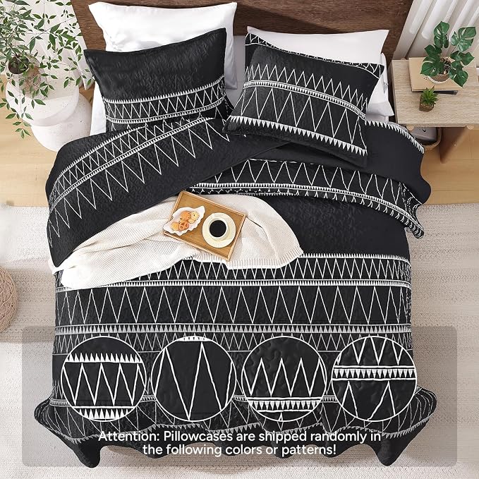 Black Oversized Super King Quilt Set, 3 Pieces Striped Bedspread | Boho Soft - Image 3