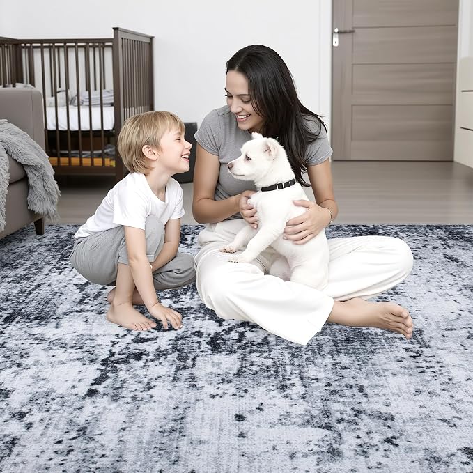 5x8 Area Rug Living Room: Modern Washable Indoor Carpet Black | - Image 9
