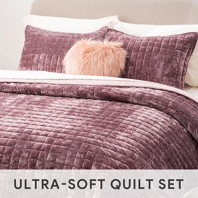 RECYCO Channel Box Stitch Velvet Quilt Set, Twin Size, Dusty Mauve Pink | Ultra - Image 5